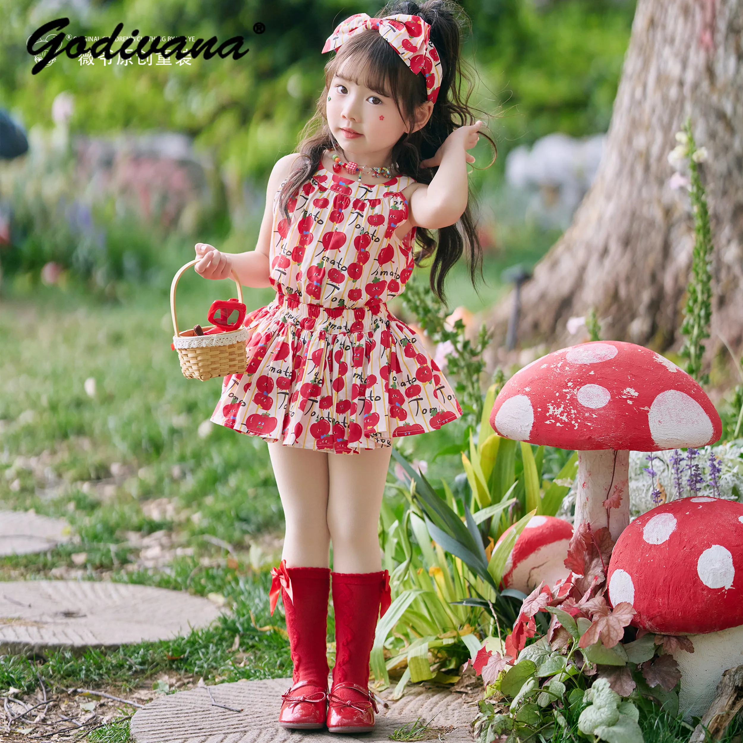 Original Baby Girls Cotton Sweet and Cute Summer Two Pieces Sets Cartoon Tomato Print Halter Tank Top with Elastic Waist Skirt