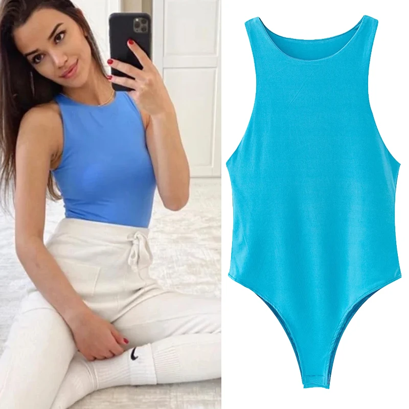 

Faionable round Ne Pure Color Women's Jumpsuit Vest Top 88WMDR All-Match Sle Cotton Blend Fabric mid Waist ort Pants