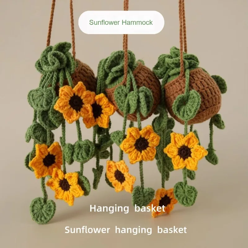 Spring handmade crochet sunflower car pendant pendant new rearview mirror decoration with artificial flower