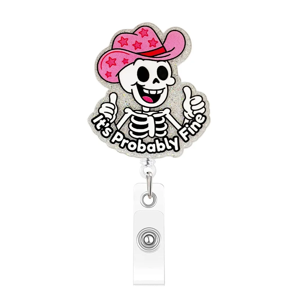 Halloween Skeleton Glitter Retractable Badge Reel Cartoon Acrylic 360 Rotating ID Card Badge Holder Rotatable Alligator Clip