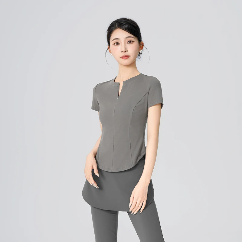 سترة Ivoogle للسيدات من القطن مناسبة للرقص مع سحاب وياقة واقفة وأكمام قصيرة لتدريب الباليه معطف رقص للياقة البدنية