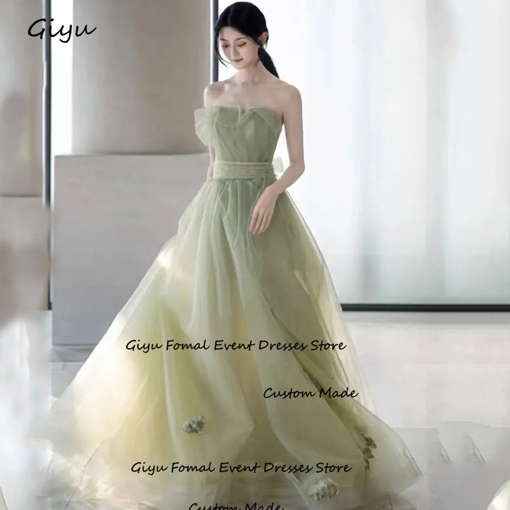 Giyu Fairy Light Green Korea Wedding Dress Photoshoot Strapless Bow Floor- Length Evening Gown Dress Birthday Party Dress