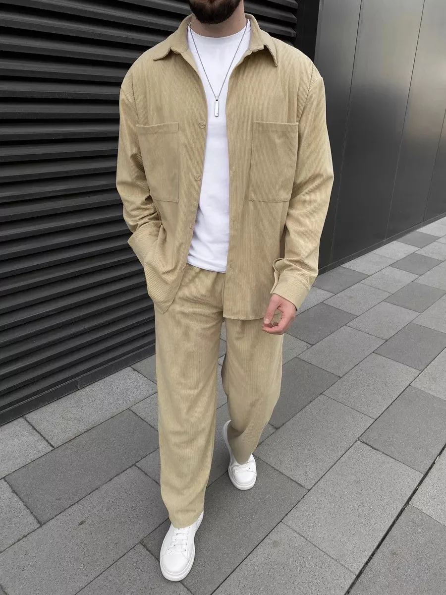 Men 2Pcs Set Corduroy Long Sleeve Jacket Casual Straight Pants Vintage Loose Fit Outwear Trousers Male Daily Streetwear Matching