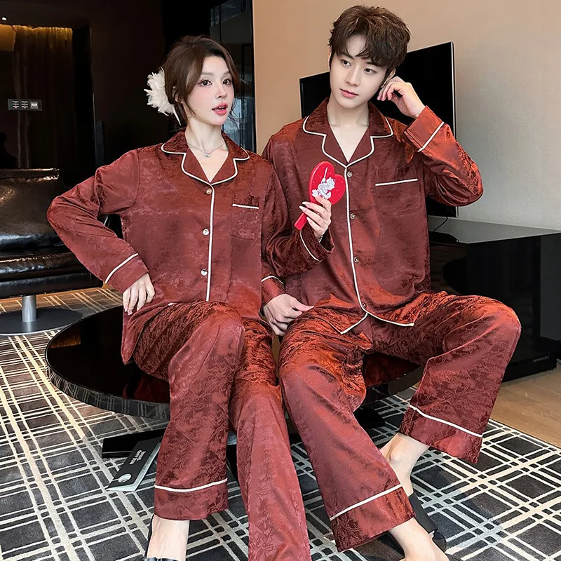 

Sleepwear Ice Silk Jacquard Satin Pajamas Couple Long Sleeve Shirt Pants Pyjamas Suit Pijama Women Men Loungewear