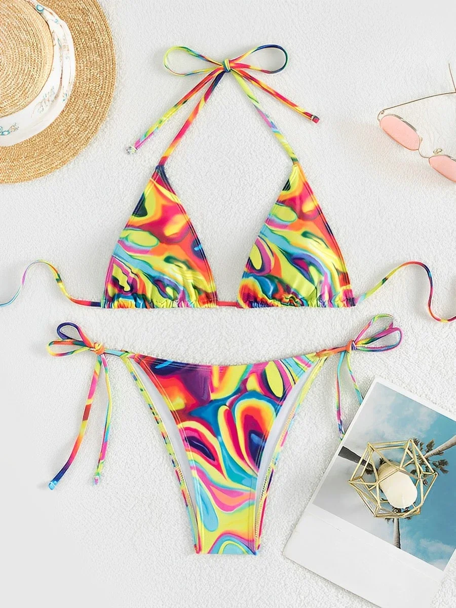 2025 Halter String Triangle Bikini Printed Swimsuit Women Sexy Swimwear Female Bathers Bathing Swimming Swim Suit Beachwear