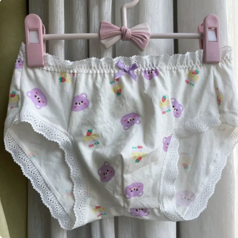 Men Cute Sweet Cartoon Printed Lace Edge Bow Panties LGBT Convex Pouch Underwear Sissy Cross-dressing Soft Comfortable Lingerie