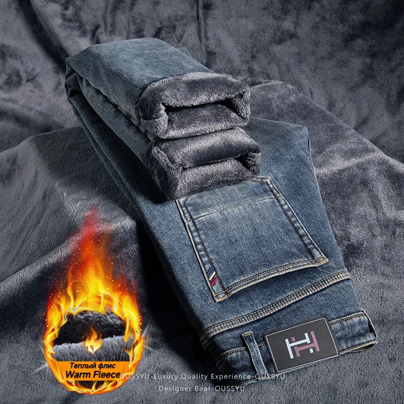 High Quality Winter Warm Fleece Men's Jeans Solid Color Thicked Denim Pants Work Stretch Outdoors Classic Trousers Plus Size 40