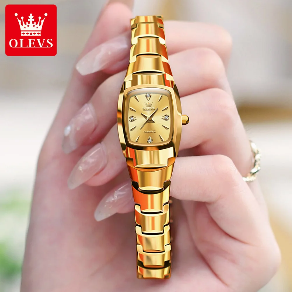 OLEVS-Montres de luxe pour femme, montre-bracelet élégante pour femme, or rose, carré, bracelet en acier au tungstène, montre à quartz originale pour femme, 7006