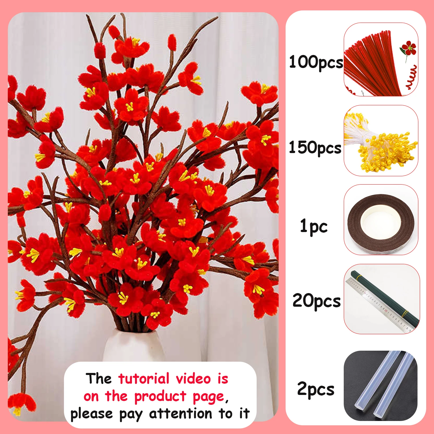 124/174/396Pcs Pipe Cleaner Craft Kit,Plum Blossom Material Pack with Video Tutorial Card, Beginner Friendly Handcraft