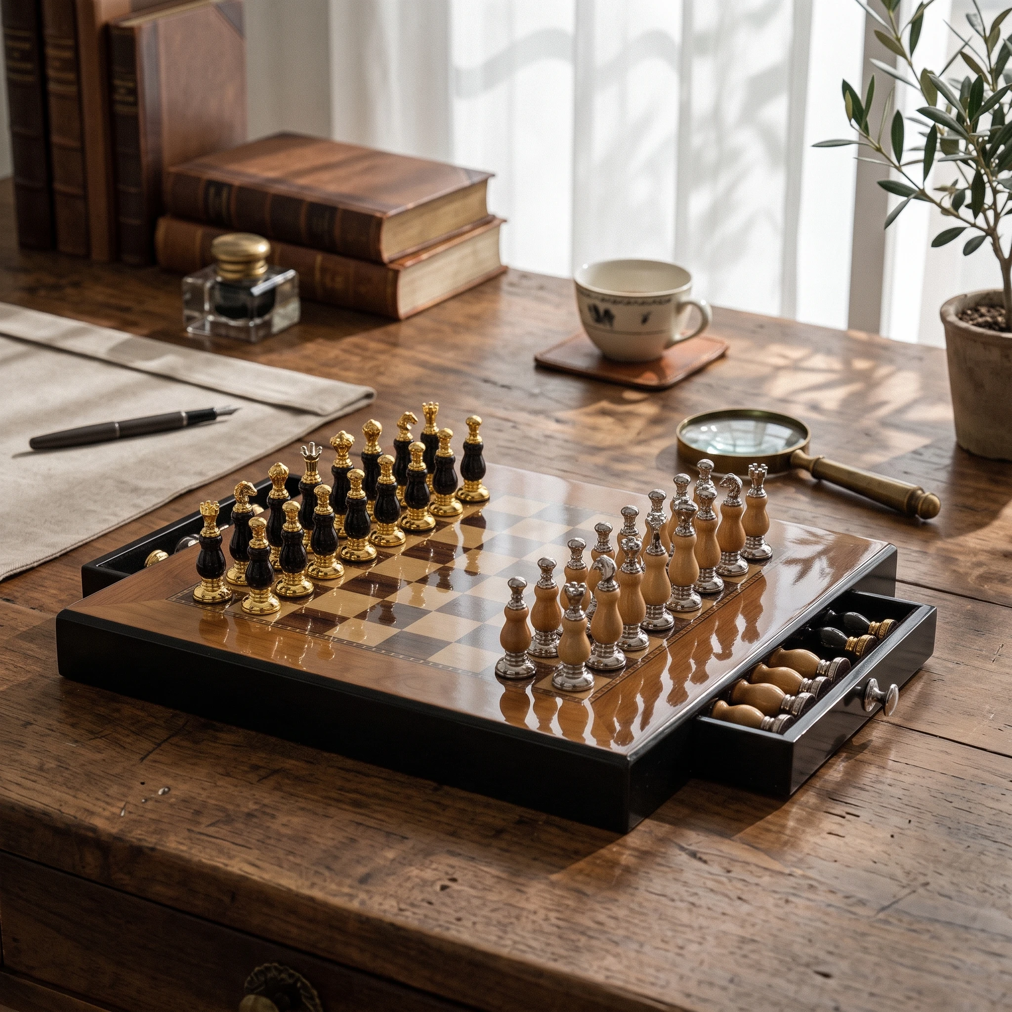 Chess Set with Drawers Shiny Chess Board with Drawers Chessboard Premium Strategy Game Classic for Collectors, Study
