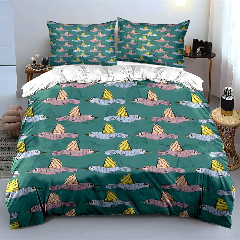 Patterned birds, teal background. Print Bedding Set 1 Duvet Cover 2 Pillowcases for Adult and Children Luxury Gift Full Size