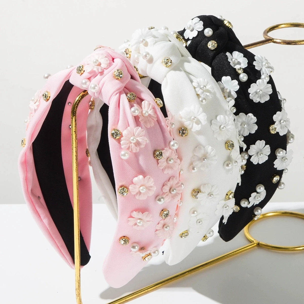 

New Baroque Black White Pink Hairband Knotted Fabric Full Diamond Headband Elegant High-Grade Hair Accessories for Women