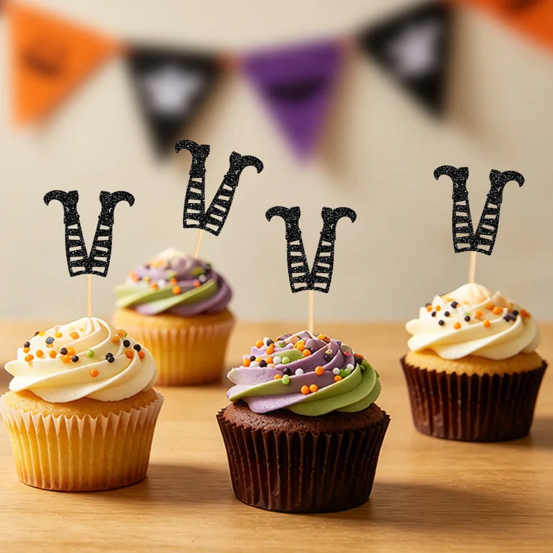 NUBECOM 24Pcs Glitter Witch Legs Cupcake Toppers Witch Feet Silhouette Cake Picks Fall Halloween Party Dessert Cake Toppers
