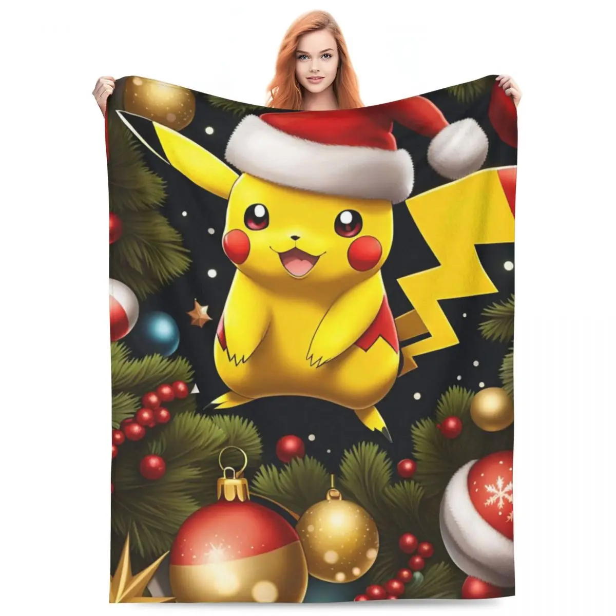 Pikachu Christmas Flannel Blanket Warm Soft Throw Blanket for Bedroom Decorative Comfortable Bedspread Sofa Bed Cover