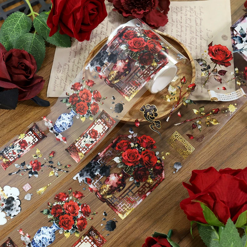 70mm*200cm Vintage Rose Flower Window Landscape PET Tape Creative DIY Journal Material Collage Scrapbooking Stationery