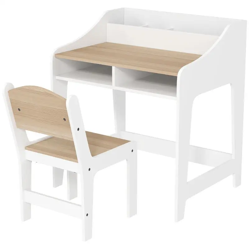 

Qaba Kids Desk and Chair Set with Storage and Shelves, for Bedroom & Study Room, Gift for 3-8 Years Old, Natural Wood