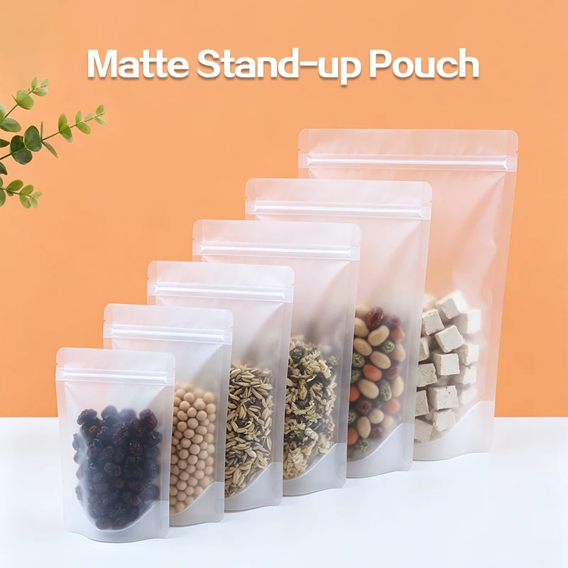 50/100 Stück, mattierte Standbodenbeutel mit Zip-Verschluss, wiederverschließbar, luftdicht, aus dickem Material, zur Aufbewahrung von Lebensmitteln wie Obst, Kräutertee und Snacks.