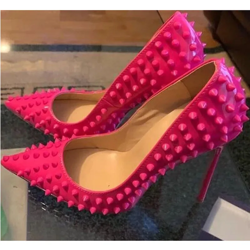 Hot sale Full Rivets Studded Pumps Rose Colors Metal Spikes High Heels Female Shoes Evening Patent Leather Pointed Toe Pumps