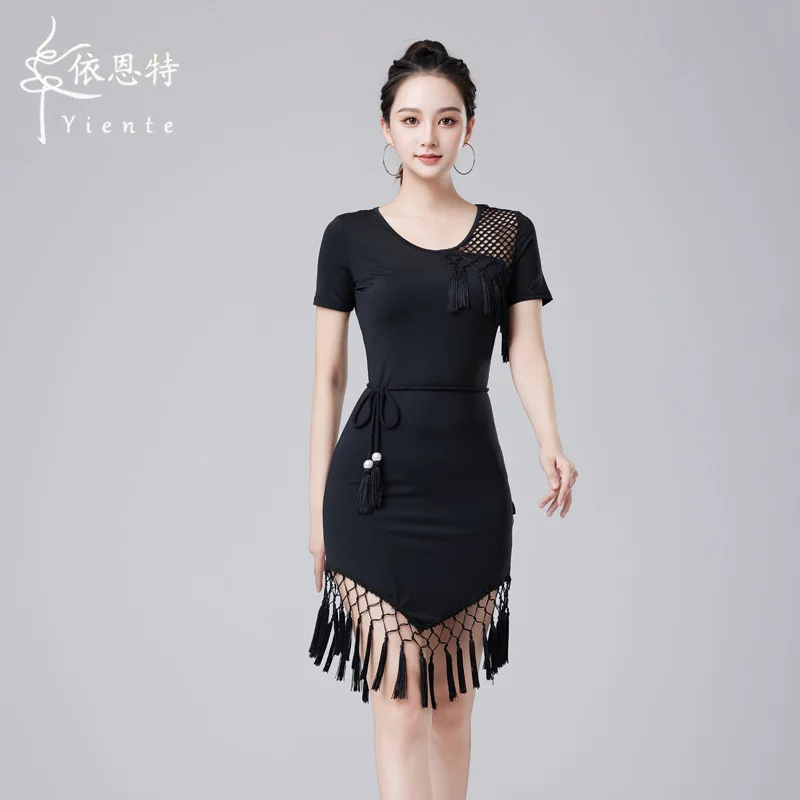 

1 шт./лот, современный стиль, женское модное черное платье для латинских танцев, женское летнее платье с кисточками и короткими рукавами, ча-ча, танцевальное платье с круглым вырезом