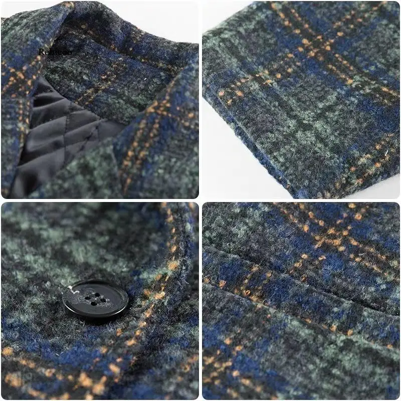 Korea Chic Women Autumn Winter New Loose Small Plaid Casual Warm Tweed Medium Long Thickened Coat Female Tide