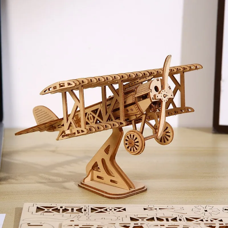 

OUZEY 3D Wooden Puzzle Bi-Plane Classic Aircraft Model Kits DIY Assembly Toys Home Desk Decor Gift for Adults Creative Games
