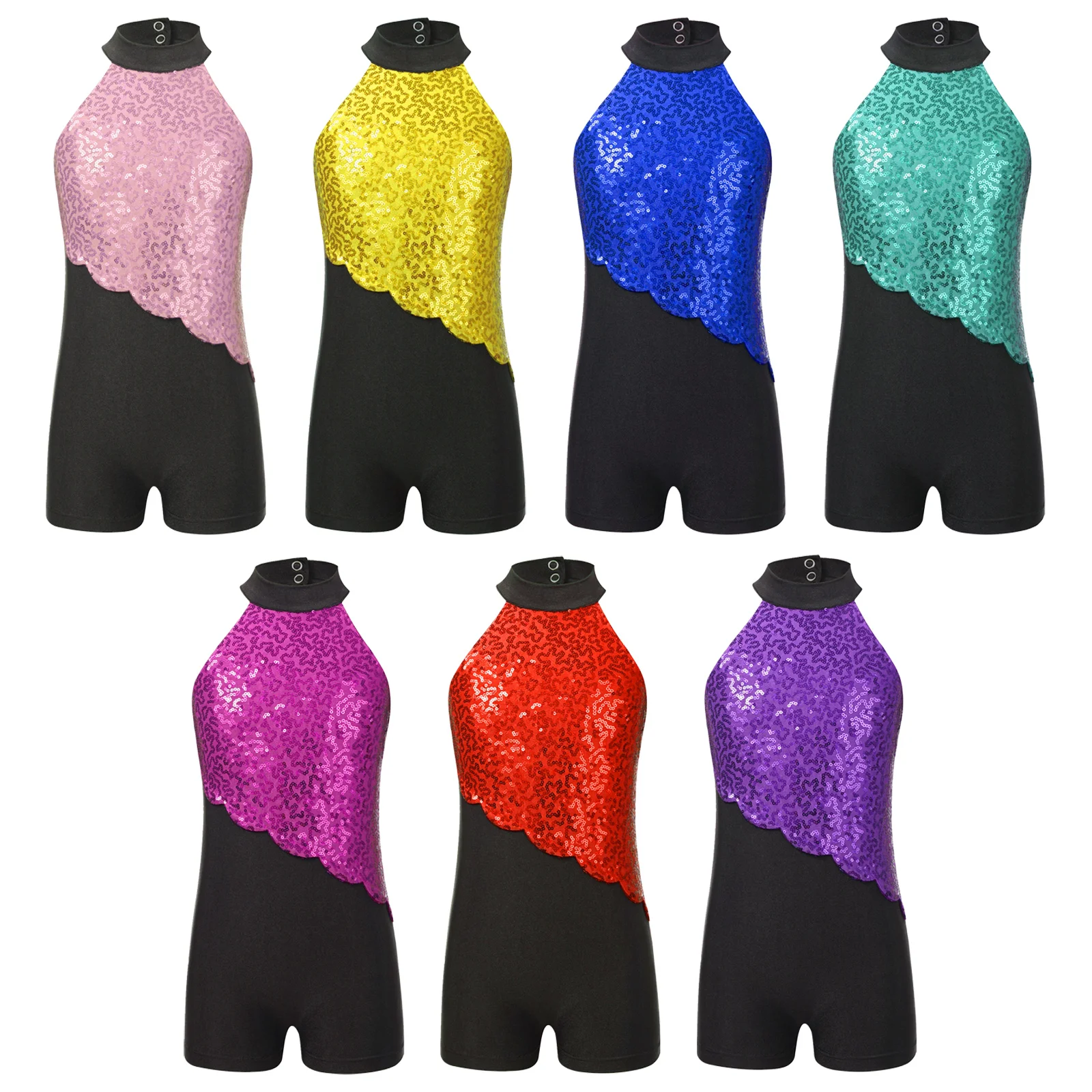 Kids Girls Glitter Sequins Lyrical Dance Leotard Mock Neck Sleeveless Jumpsuit Bodysuit for Figure Skating Rhythmic Gymnastics