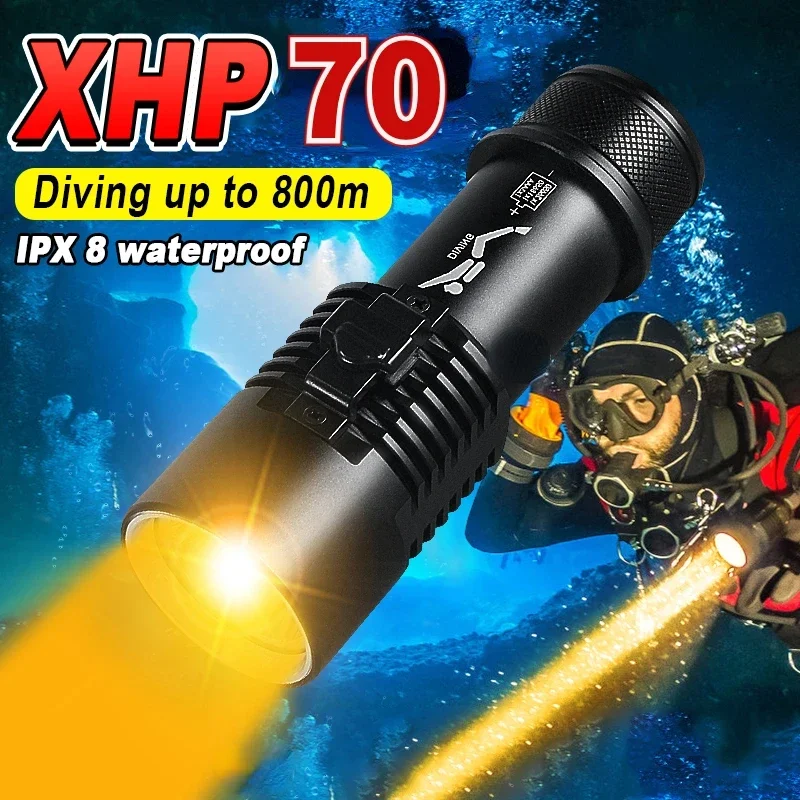 Powerful XHP70 LED Diving Flashlight Professional Underwater Torch IPX8 Waterproof Lamp Diving Lantern with Hand Strap