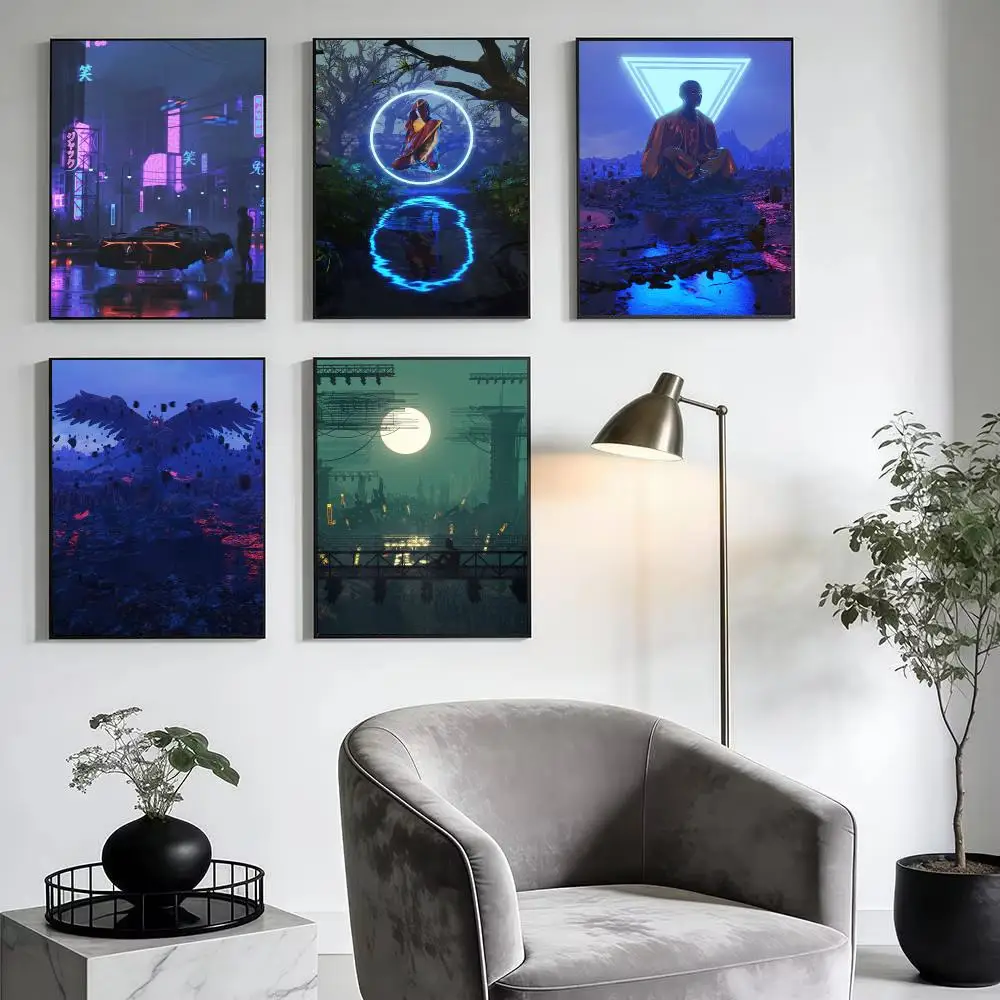 Sci-Fi Cyberpunk Neon City Poster Modern Minimalist Wall Art Prints for Home Decor Interior Bedroom Living Room