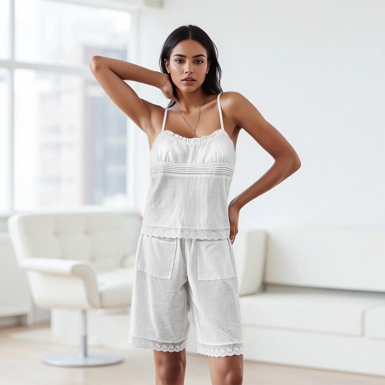 

Женский летний пижамный комплект, комплект из 2 предметов, одежда для дома, топы на бретельках без рукавов с кружевной отделкой и свободные шорты, однотонная одежда для сна