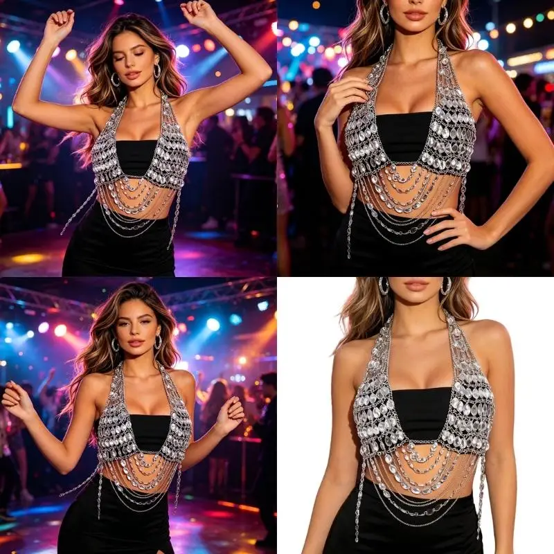 P9FE Music Festival Rhinestones Body Chain With Heavy Multilayer Inlay Tassels Design Quick Release Clasp Lightweight For Party