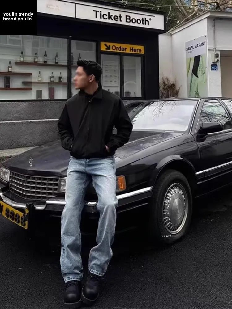 

Мужские джинсы Waed Blue Cleanfit с винтажной текстурой, прямые повседневные брюки со средней/высокой талией, на молнии, молодежные, модные, из полиэстера