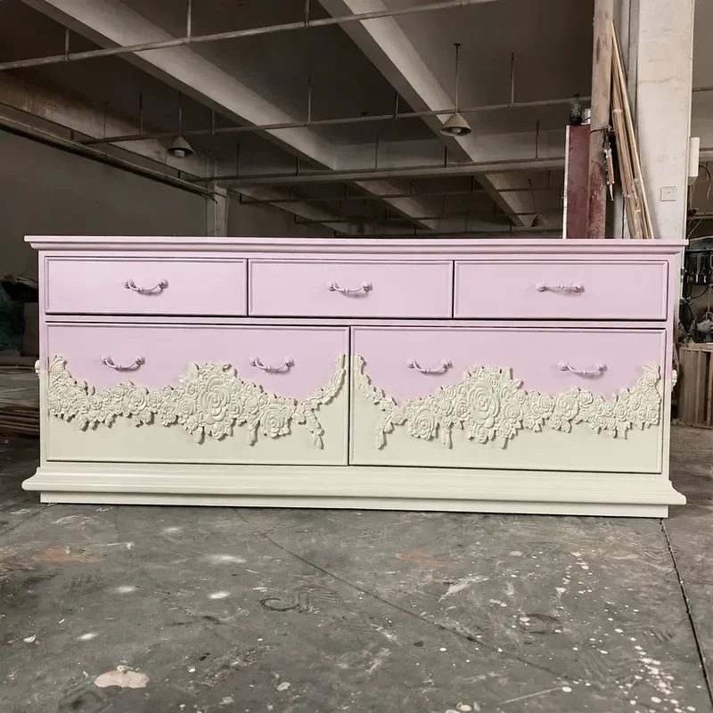 Warm White TV Cabinet with Cherry Blossom Pink Rose Embossed Storage for Living Room or Porch