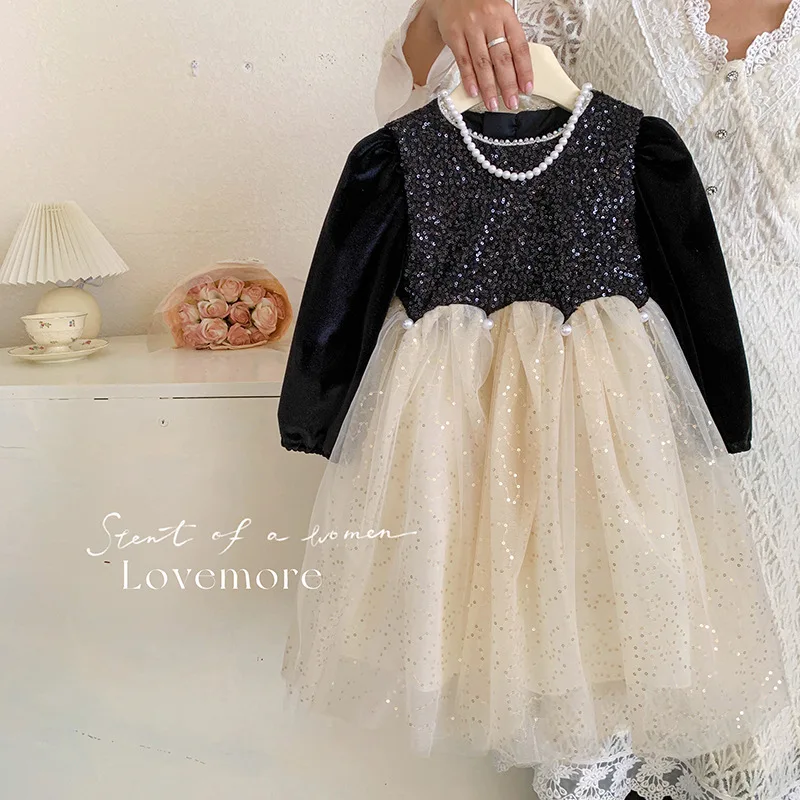 2024New Girls' Spring and Autumn High-Grade Dress Puff Sleeve Sequined Pink Black Princess Dress