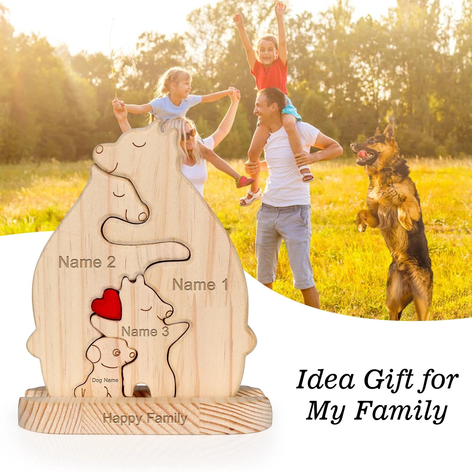 Animal Family Ornaments DIY Wood Carving Free Engraving Personalized Bear family with dog Wooden Sculpture Mother\'s Day gift