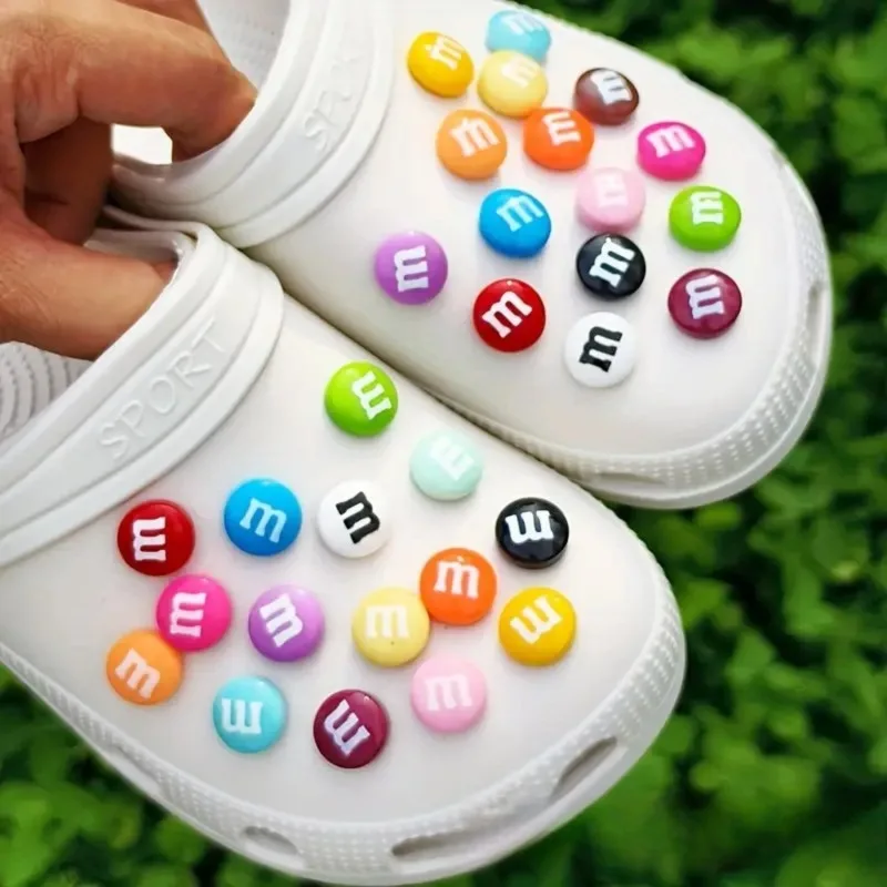 15/30Pcs Funny Letter M Bean Chocolate Candy Pins For Kid's Sandal Small Shoe Charms Decoration Fit Slippers Accessory DIY Parts