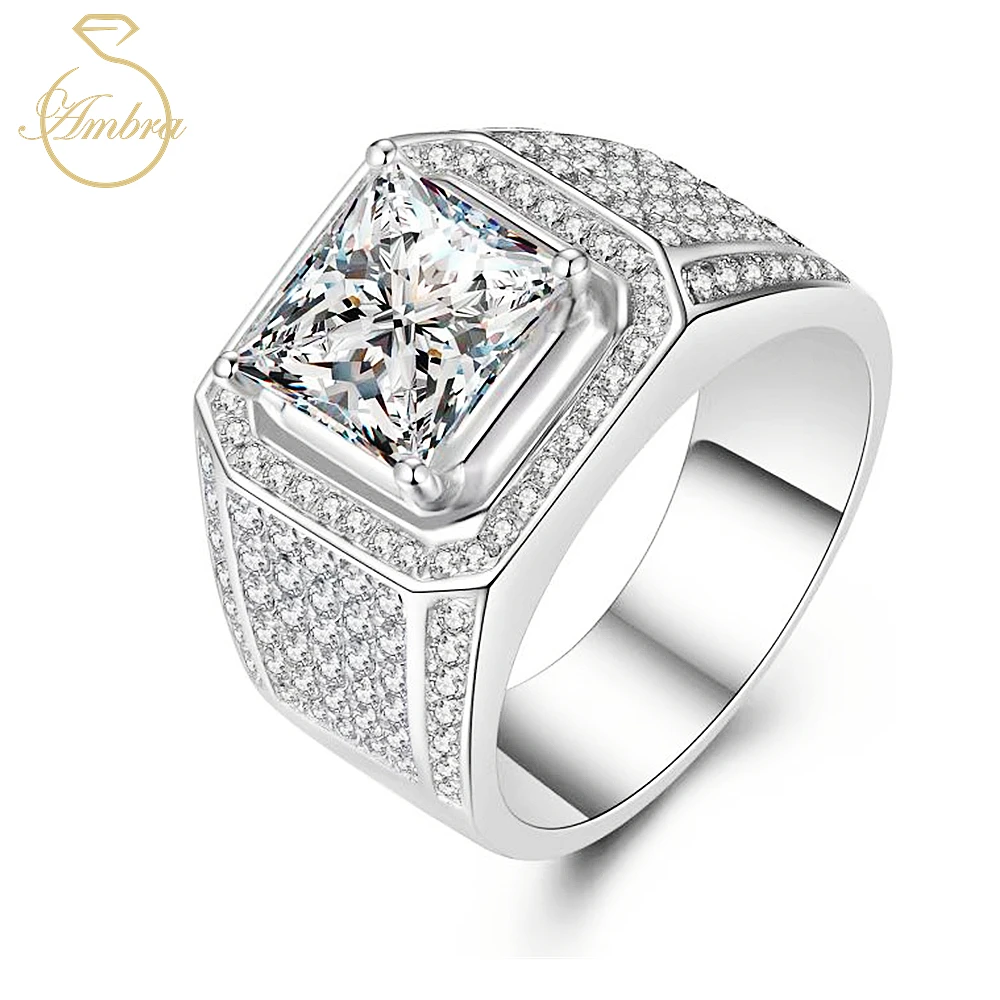 

Ambra Jewelry 5ct Moissanite Diamond 18K D Colour Platinum Plated 925 Sterling Silver Layer Luxury Men's Ring