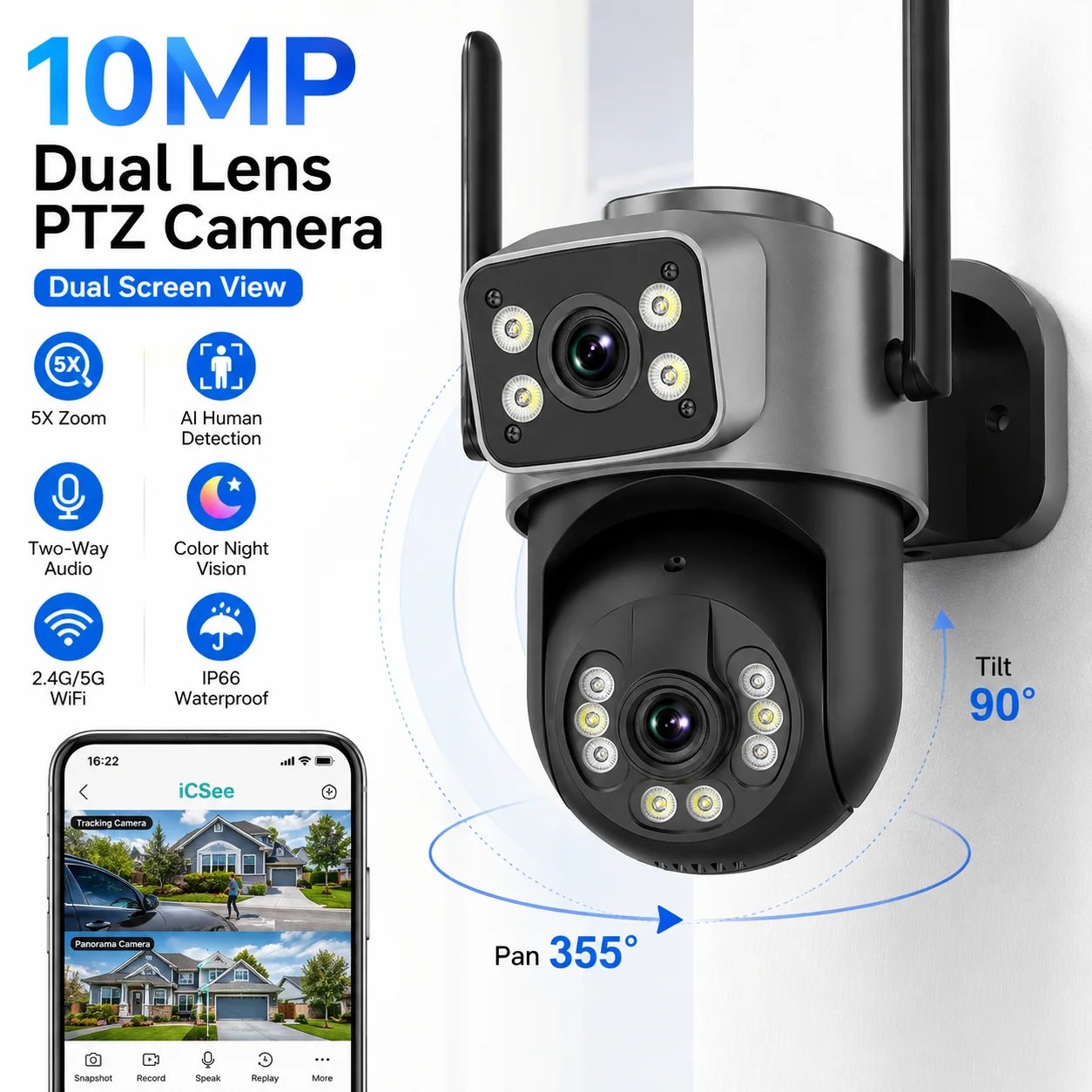 Outdoor Wifi6 Camera 5K 10MP PTZ Indoor Surveillance AI Auto Tracking Dual Band HD Dual Lens 8MP IP CCTV Security ICSee APPAudio
