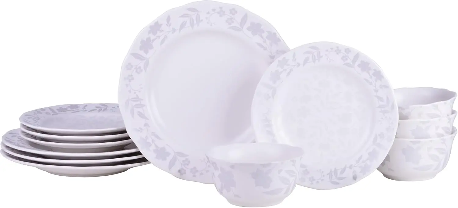 

Refreshed Floral White Porcelain 12-Piece Dinnerware Set - Service for 4, Plate & Bowl Set, Dishwasher Safe, for Daily Dining &