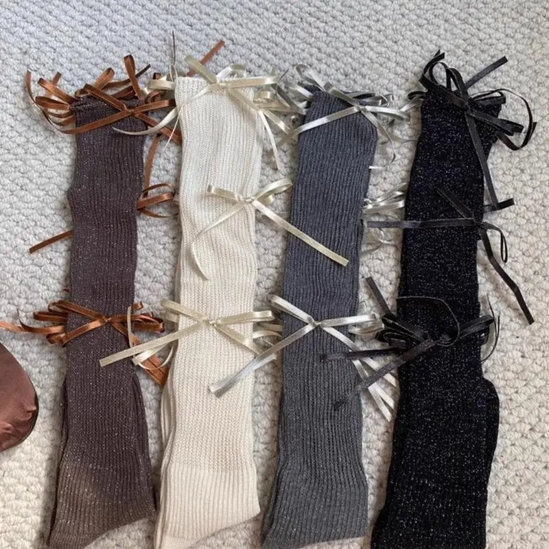 

195E однотонные блестящие длинные носки до середины икры с лентой и бантом в японском стиле для женщин