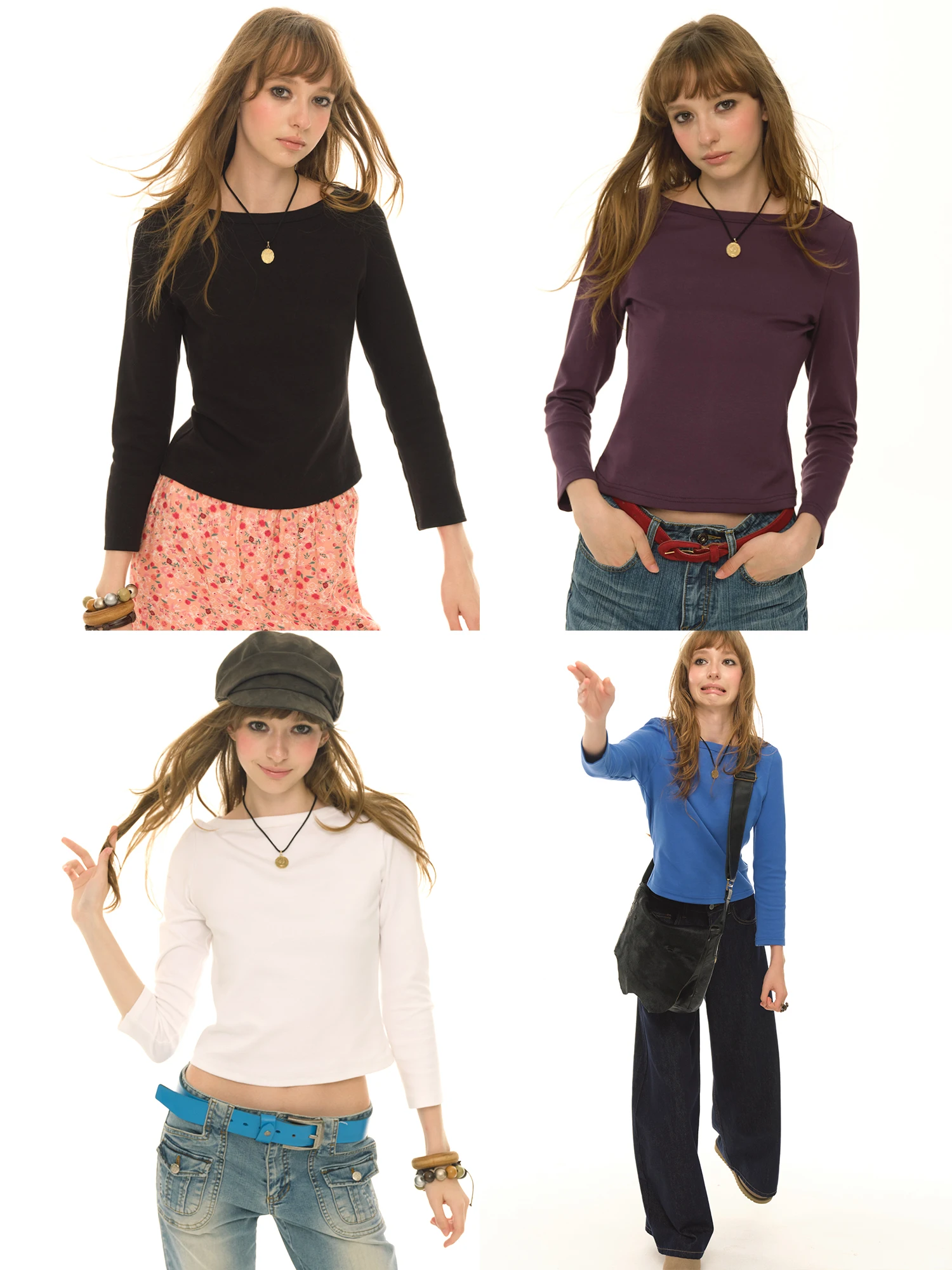 

UNRETRO Women's Slim Fit ort Sve T-irt 260G Combed Cotton Boat Ne Nine Points Sve Base irt Vintage Sle White