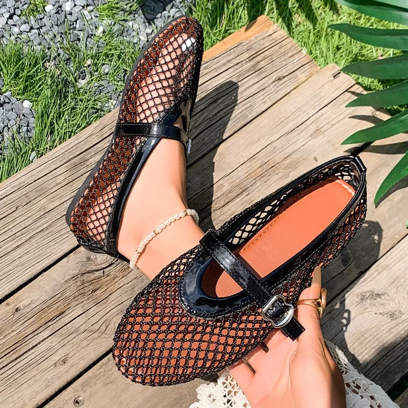 Plus Size Cutout Fishnet Sandals Women's Summer Soft Sole Breathable Flat Mary Jane Single