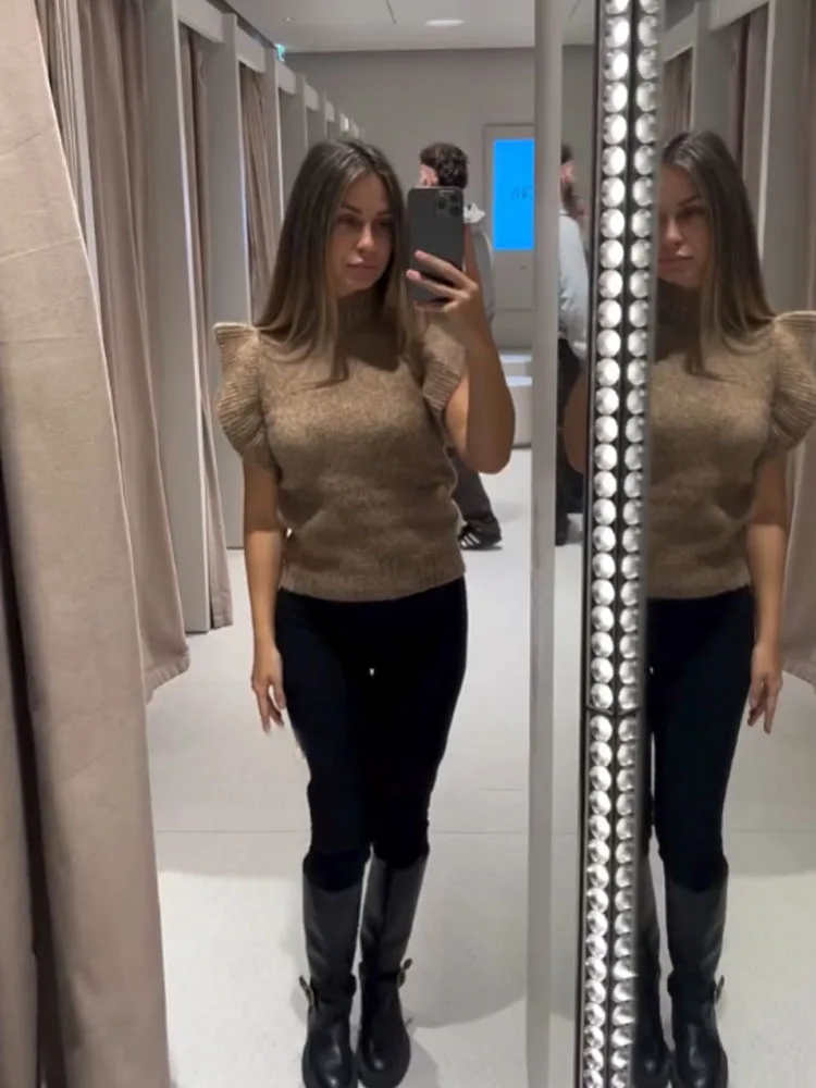 

HH женские модные осенние вязаные топы, однотонные многоуровневые пуловеры без рукавов с высоким воротником, женский повседневный свитер, жилеты