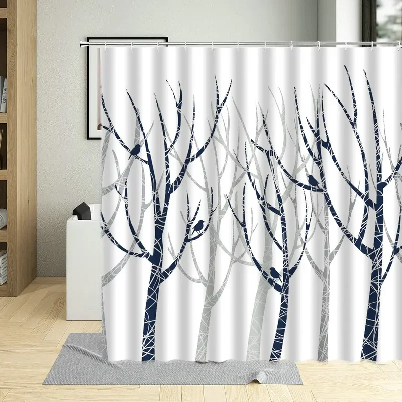 Shower Curtain Simple Black White Forest Birches Tree Branch Art Design Hand Drawn Bathroom Curtains Waterproof Screens Decor