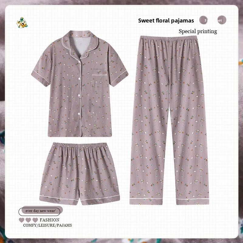 Light Luxury Floral Crinkle Fabric Spring/Summer Women's Pajamas Short-Sleeve Three-Piece Set Loose Crinkle Fabric Homewear