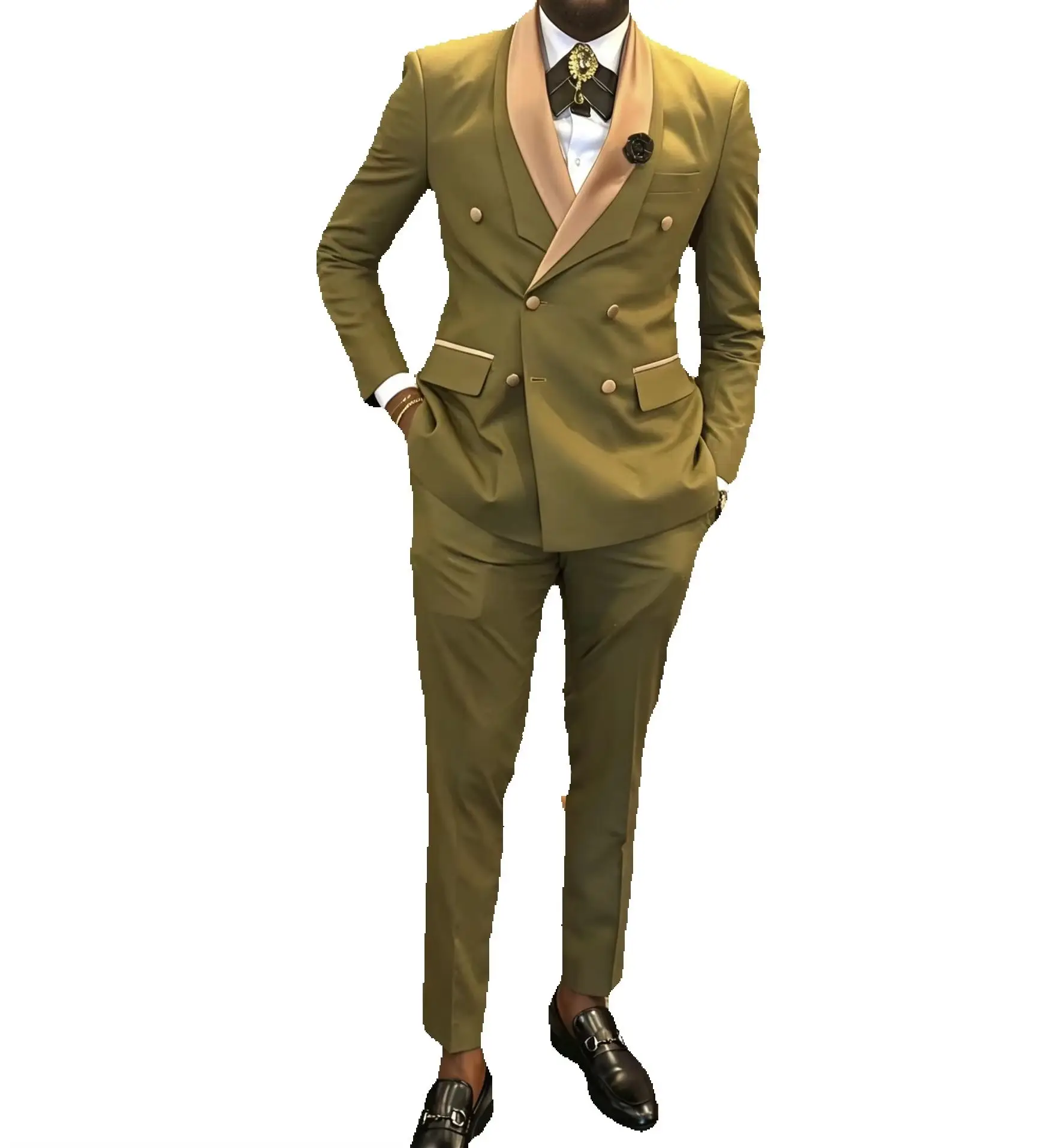 

Double Neck Design Army Green Men Suits Jacket Pants Men Groom Wedding Slim Fit Suit Party Tuxedo Blazer 2pcs Suit Jacket+Pants