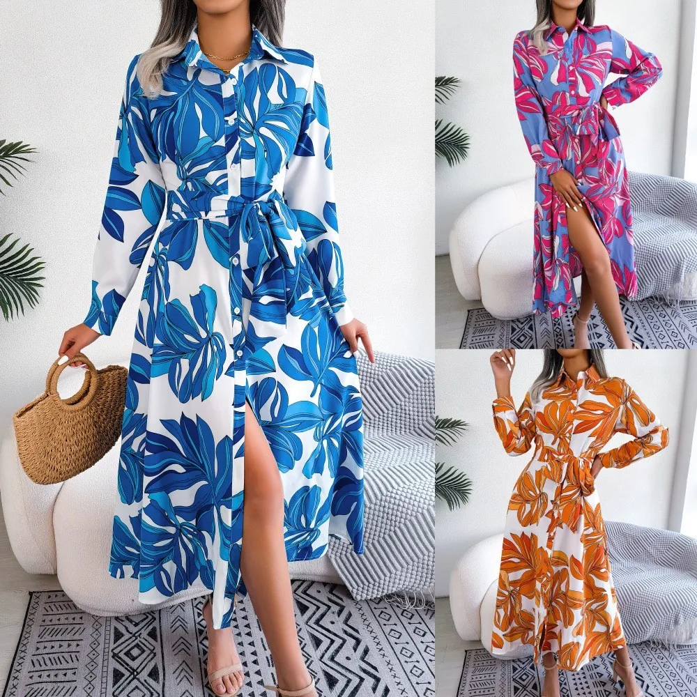 Floral Print Shirt Dress Women Autumn Long Sleeve Bandage Long Dresses Ladies Casual Single Breasted Boho Beach Holiday Dresses