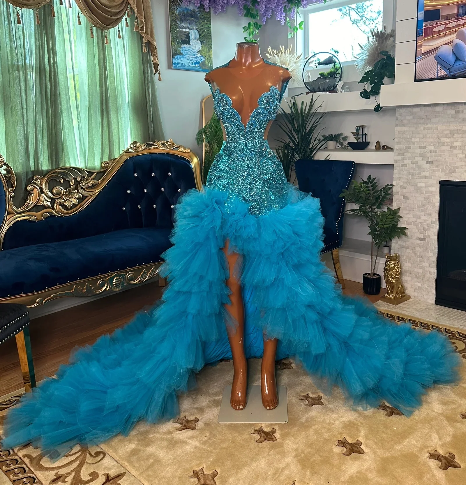 Abiti lunghi da ballo verde acqua per ragazze nere Volant con perline trasparenti Abiti da sera africani americani Abito da festa di compleanno personalizzato