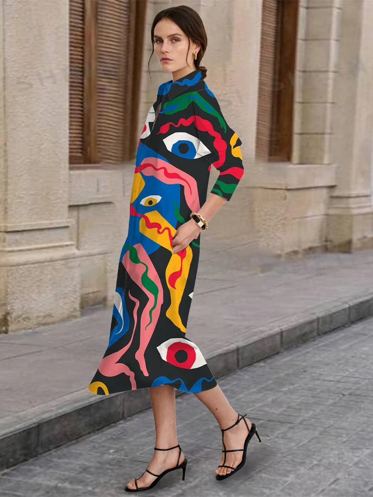 

Spring/Summer Outdoor Abstract Print Shirt Dress Urban Elegant Style Long-sleeved Lapel Dress Fashion Casual Women's Clothes