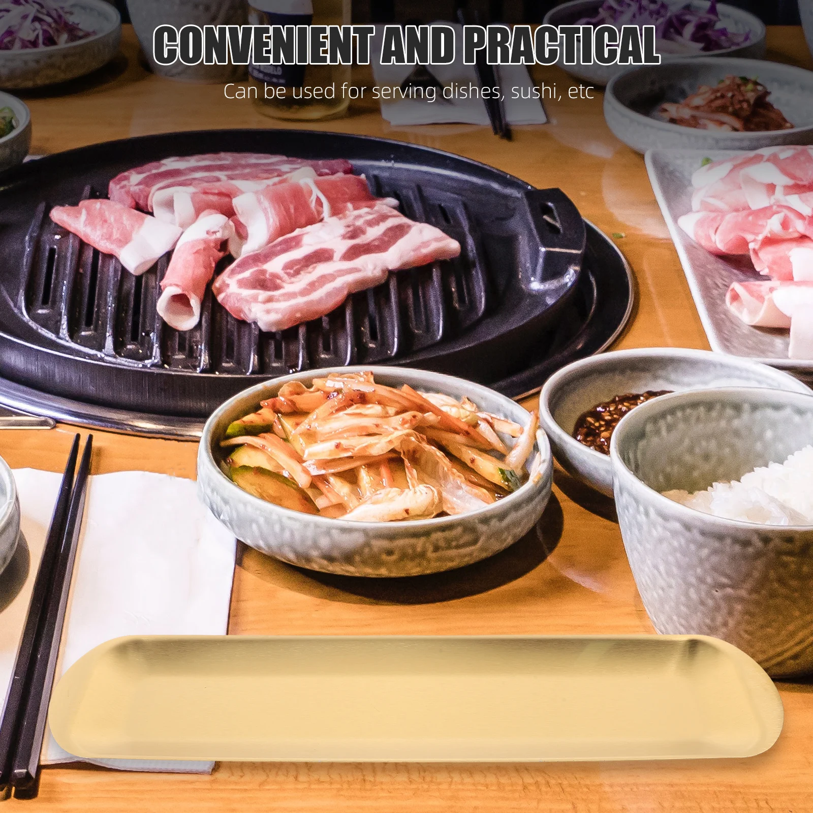 

Golden Stainless Steel Food Thickened Metal Serving For Sushi Grill Dessert Fruit Korean Style Decorative Tray Kitchen