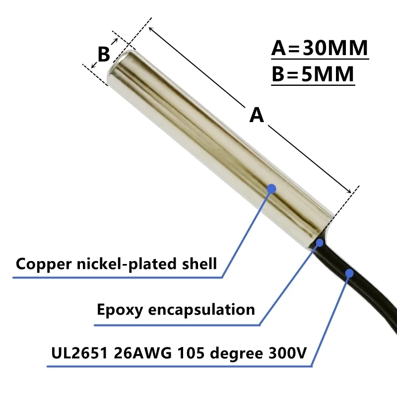 2PCS NTC Thermistor Temperature Sensor B3950 10K 1% Waterproof Probe Air Conditioning Probe 5*30MM Probe 1M